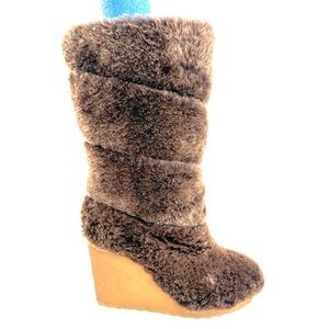 Tory Burch Kiki Women Size 9 Coconut Brown Sheep Shearling Fur Wedge Heel Boot